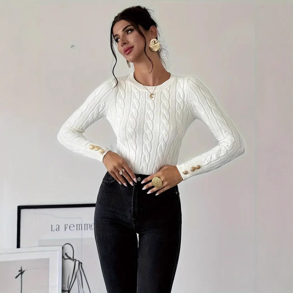 Damen Grobstrick Pullover mit dekorativen Knopfdetails EB