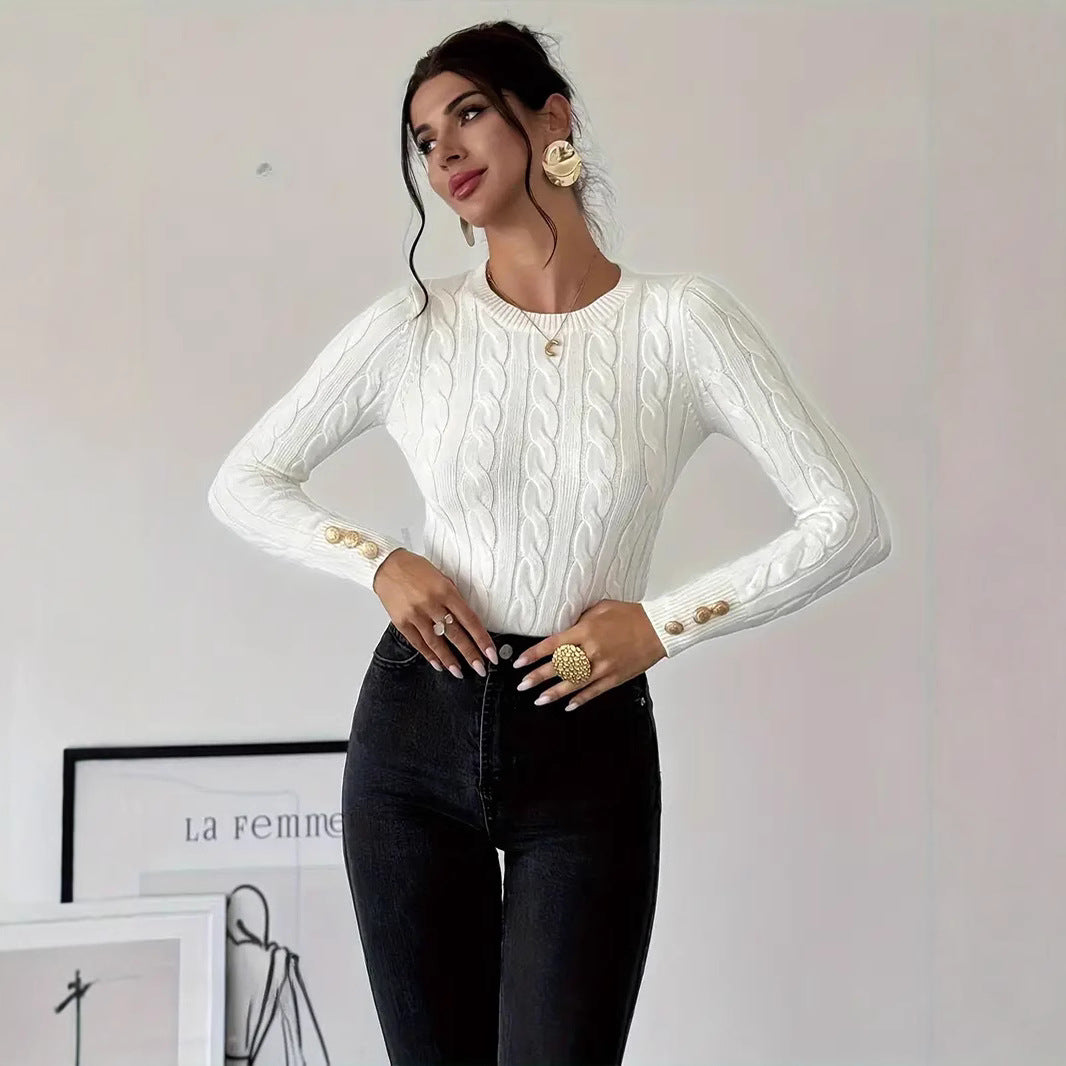 Damen Grobstrick Pullover mit dekorativen Knopfdetails EB