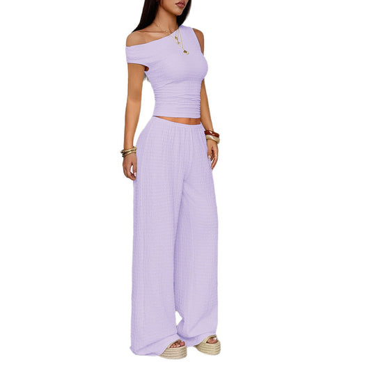 Damen Zweiteiliges Set aus elastischem Rippstoff mit asymmetrischem Top und weitem Hosen EB