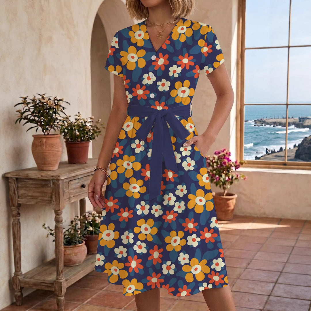 Damen lässiges Maxikleid mit taillierbarem Knoten und dekorativem Karomuster EB