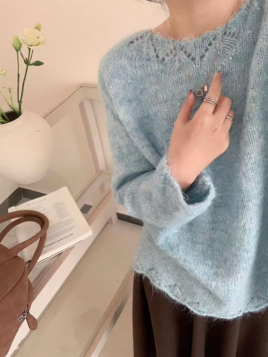 Damen Flauschiger Strickpullover mit glänzenden Akzenten und lockerem Schnitt EB