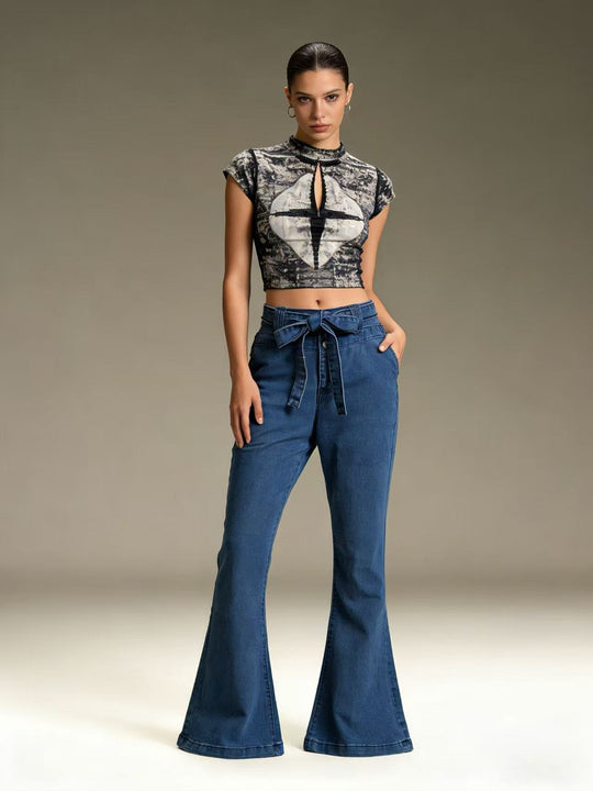 Damen nan High‑Waist Denimhose mit Schleifenbund, hoher Taille und weitem Schlag EB