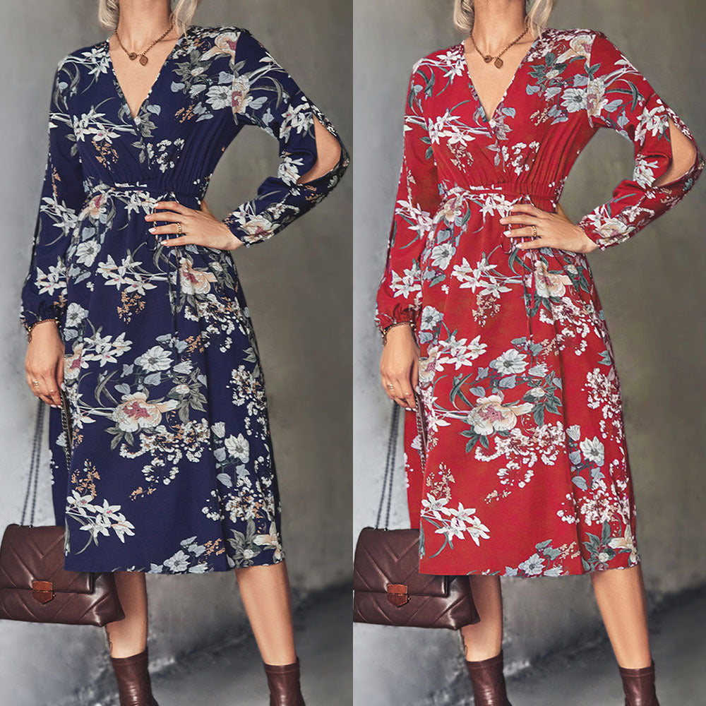 Damen Midi-Kleid mit elegantem floralem Design und tailliertem Gürtel EB