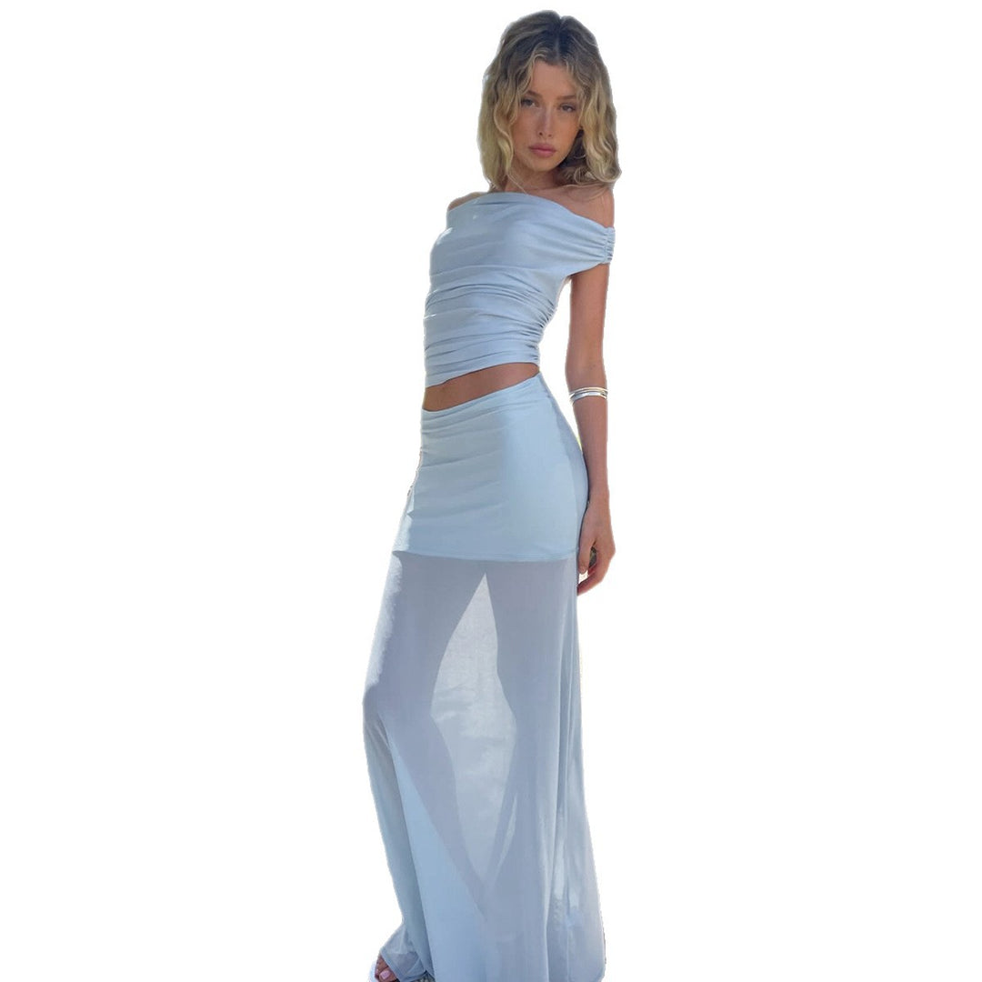 Damen Elegantes Offshoulder Maxi-Set mit transparentem Rock und gerafftem Oberteil EB