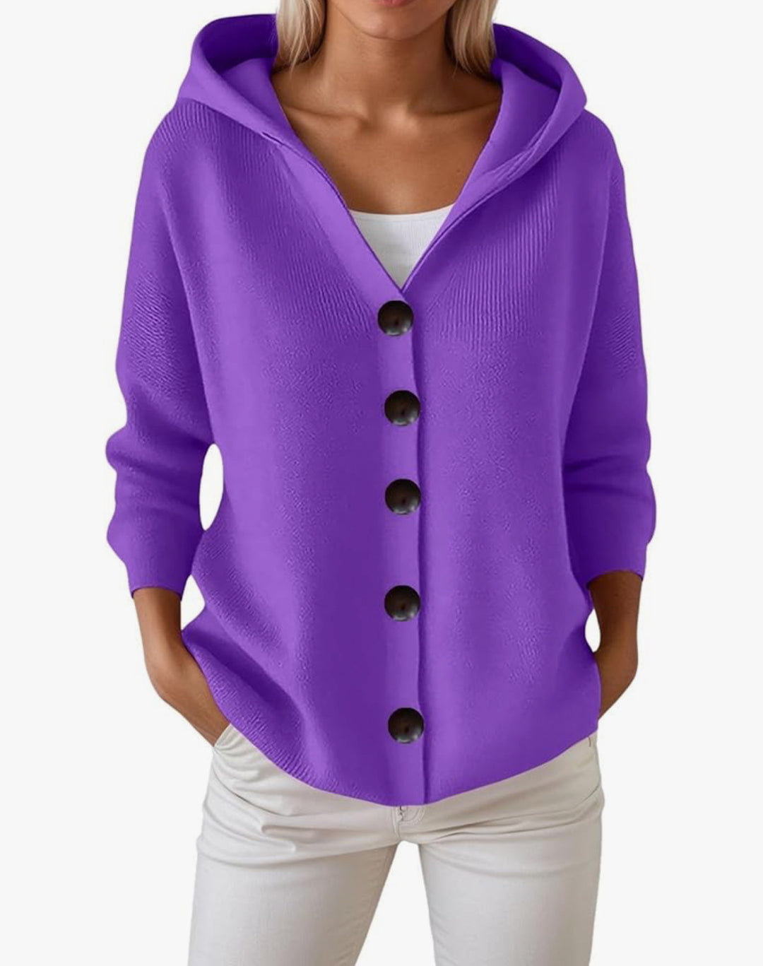 Damen Kapuzen-Strickjacke mit großen Holzknöpfen und seitlichen Eingrifftaschen EB