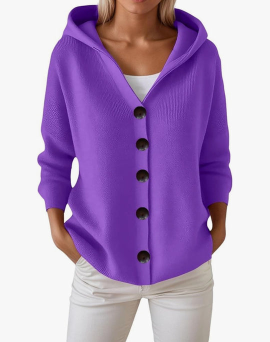 Damen Kapuzen-Strickjacke mit großen Holzknöpfen und seitlichen Eingrifftaschen EB