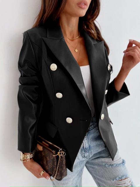 Damen eleganter Kunstleder Blazer mit doppelter Knopfleiste EB