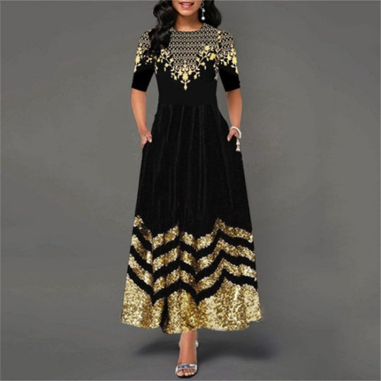 Damen Maxikleid mit kunstvollem Goldstickdesign und elegantem Zickzackmuster EB