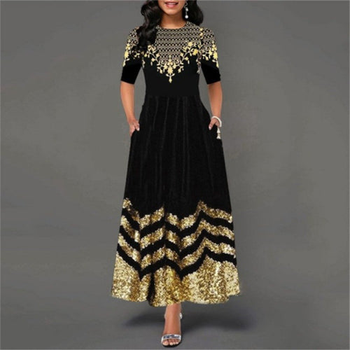 Damen Maxikleid mit kunstvollem Goldstickdesign und elegantem Zickzackmuster EB