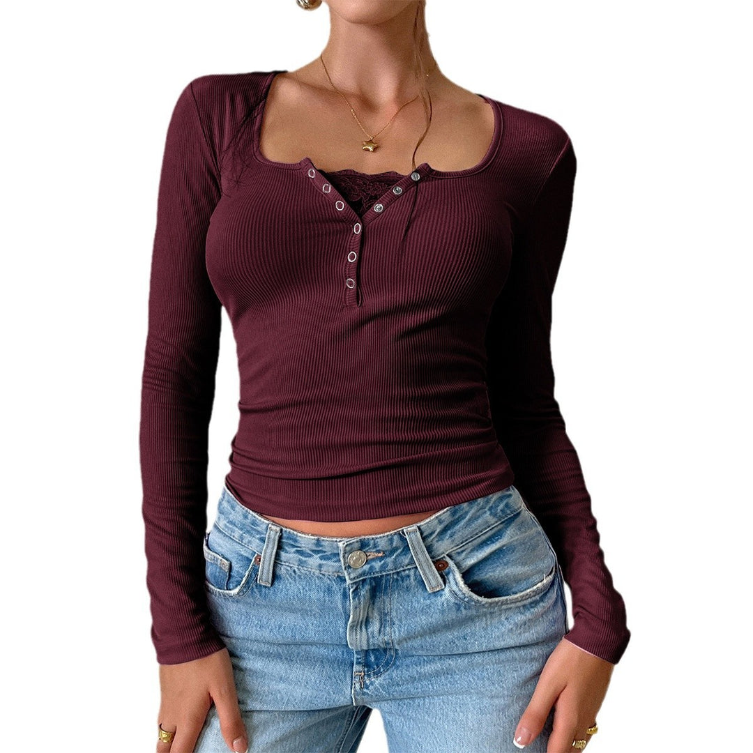 Damen nan geripptes Henley-Longsleeve mit Spitzen-Cami-Einsatz und taillierter Passform EB