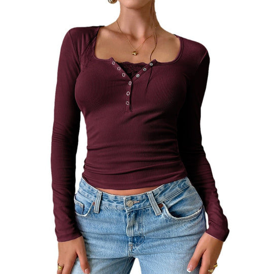 Damen nan geripptes Henley-Longsleeve mit Spitzen-Cami-Einsatz und taillierter Passform EB