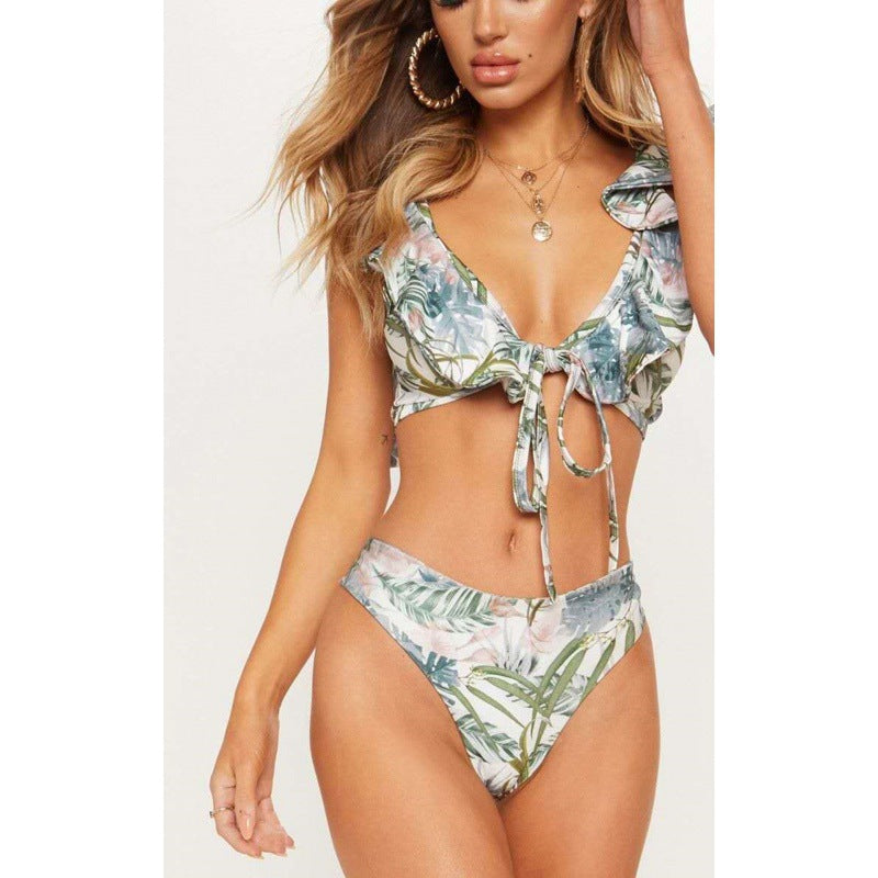 Damen Bikiniset mit Rüschen und Pflanzenmuster EB