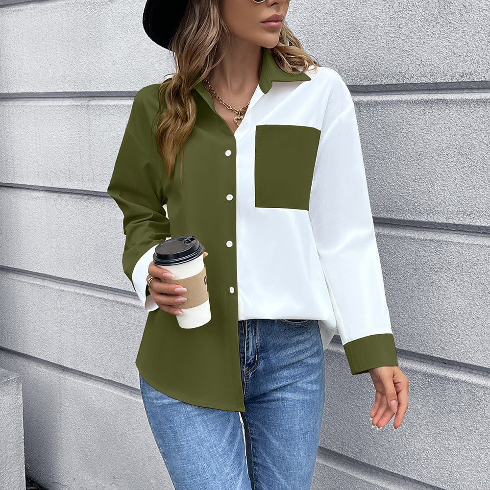 Damen Elegante Oversized Bluse mit Kontrastpaten EB