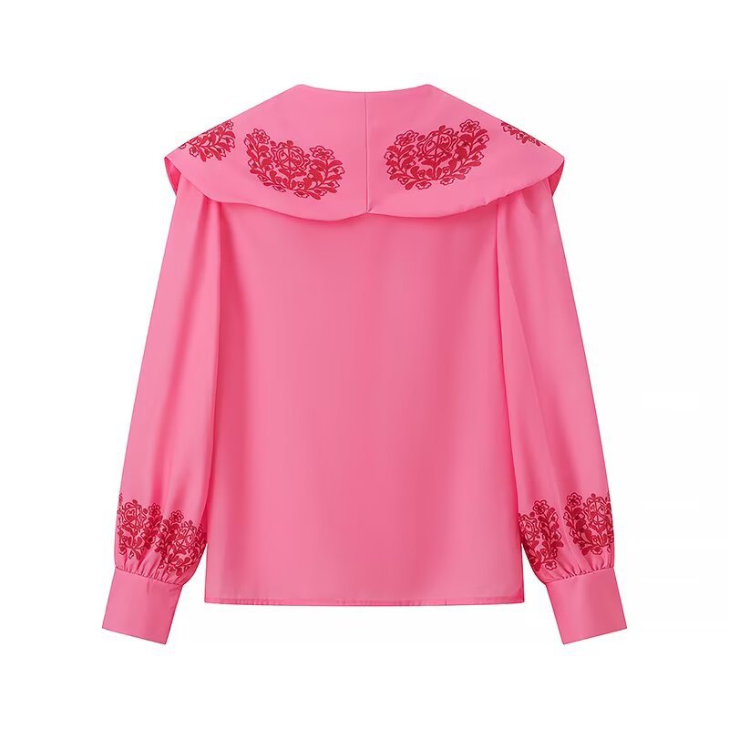 Damen Bluse mit voluminösem Kragen und floralen Stickereien EB