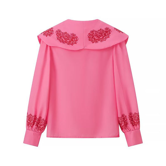 Damen Bluse mit voluminösem Kragen und floralen Stickereien EB
