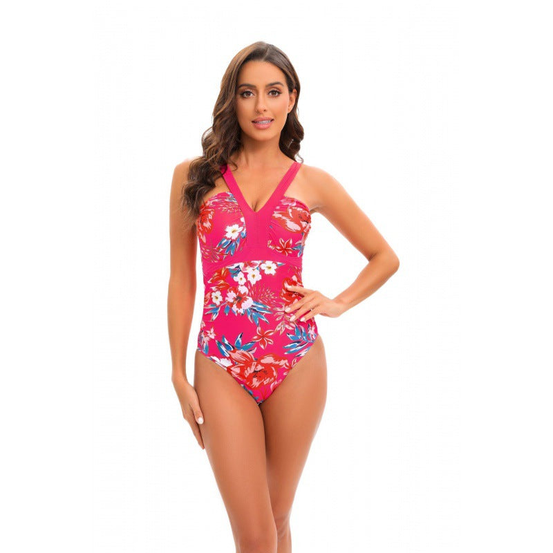 Damen Einteiler Badeanzug mit floralem Design und modernem V-Ausschnitt EB