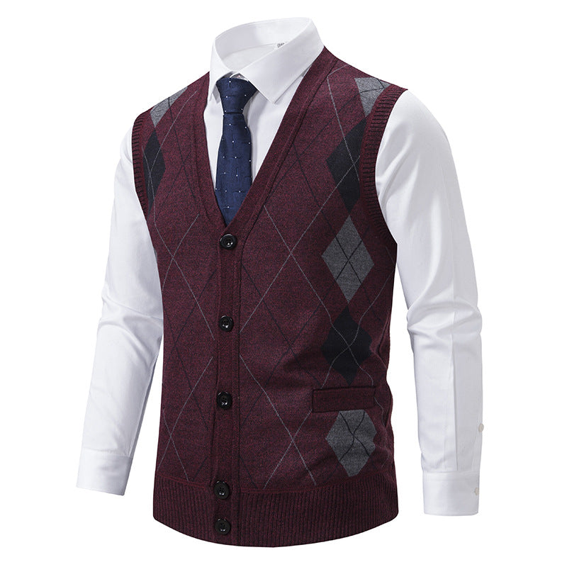 Herren nan ärmellose Strickweste mit Argyle-Muster, Teddyfutter und durchgehender Knopfleiste EB