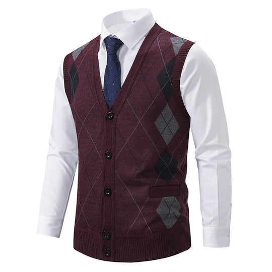 Herren nan ärmellose Strickweste mit Argyle-Muster, Teddyfutter und durchgehender Knopfleiste EB