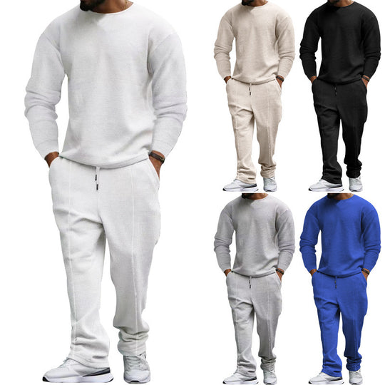 Herren nan strukturiertes Lounge-Set mit Rundhals-Pullover und schmal zulaufender Naht-Jogginghose EB