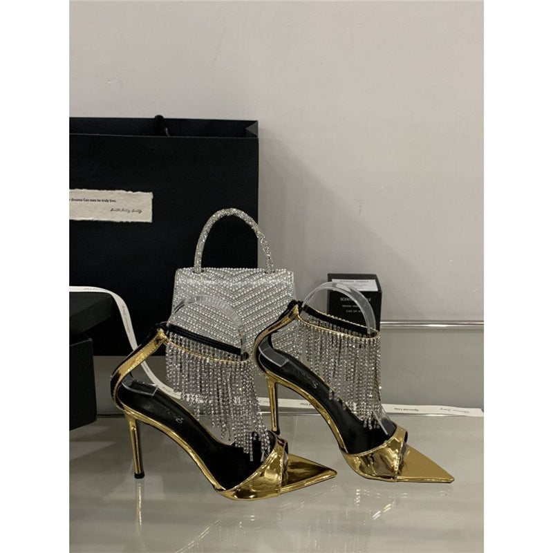 Damen spitze High Heel Sandalen mit funkelndem Strassbesatz EB