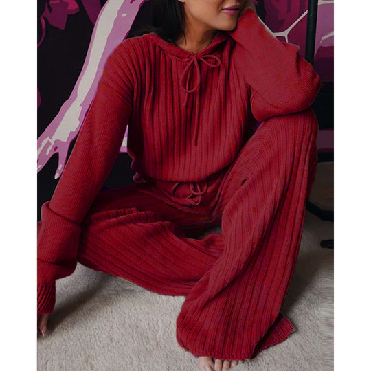 Damen Geripptes Strick-Loungewear-Set mit Kapuzenpullover und weiter Kordelzughose EB