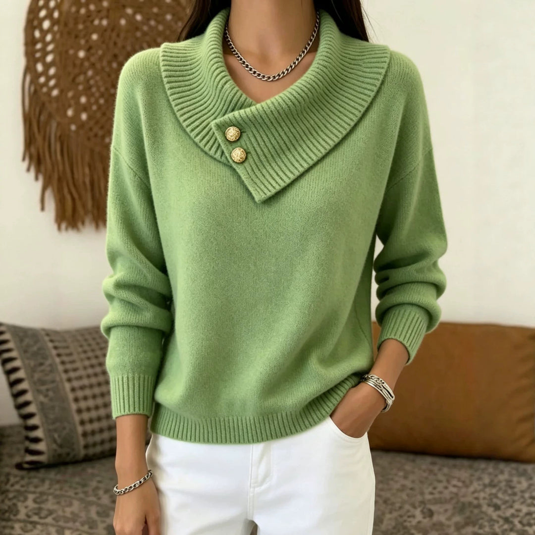 Damen Feinstrick-Pullover mit überlappendem Schalkragen und Zierknöpfen EB