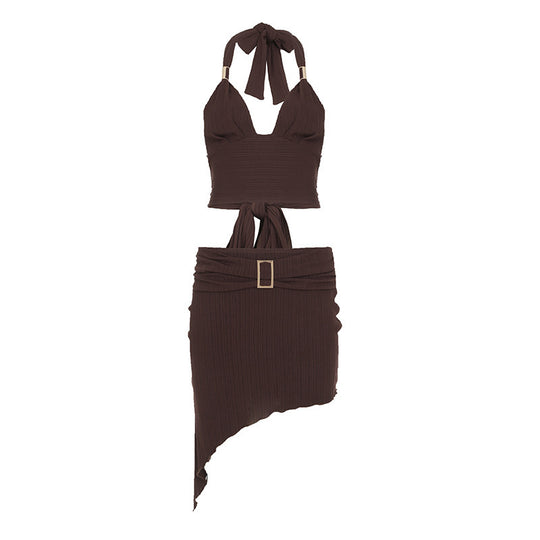 Damen Set aus Crop-Top und asymmetrischem Rock mit Rüschen-EB
