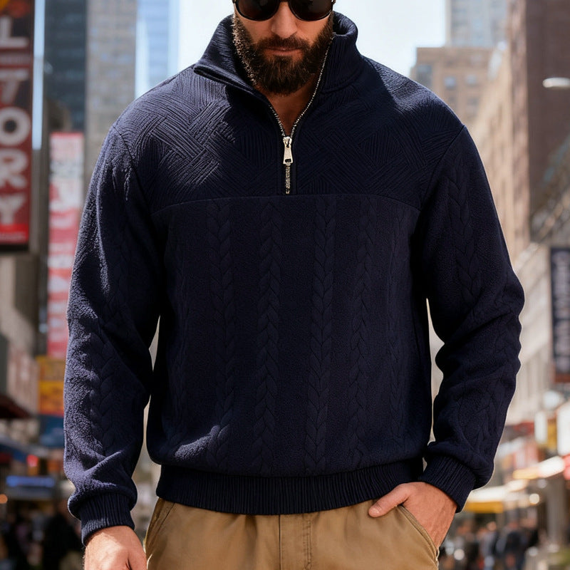 Herren nan strukturiertes Halfzip-Strickpullover mit Zopfmuster und hohem Stehkragen EB