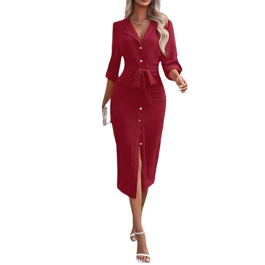 Damen Hemdblusenkleid mit eleganter Taillenschnürung und Knopfleiste EB