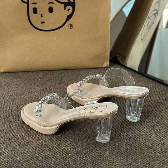 Damen Glamouröse Plateau-Sandalen mit durchsichtigen Riemen und funkelnden Kristall-Akzenten EB