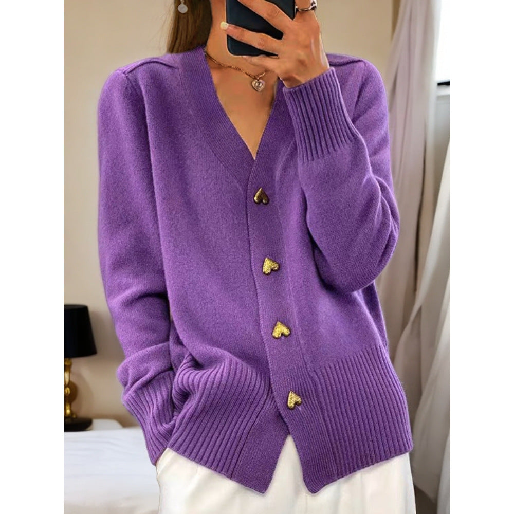 Damen kuschelige Strickjacke mit Herzknöpfen und V-Ausschnitt EB