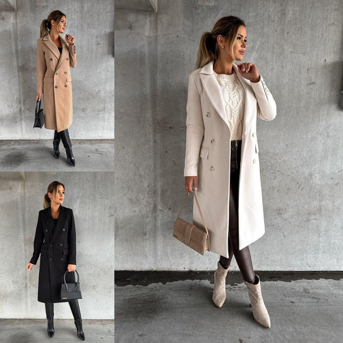 Damen Eleganter Doppelreiher-Mantel mit strukturiertem Stoff und taillierbarem Gürtel EB