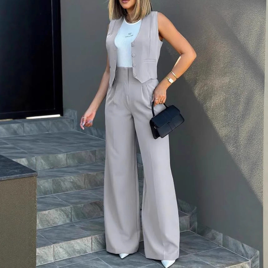 Damen Elegantes Hosenanzug-Set aus hochwertigem Stoff mit tailliertem Blazer und weitem Bein EB