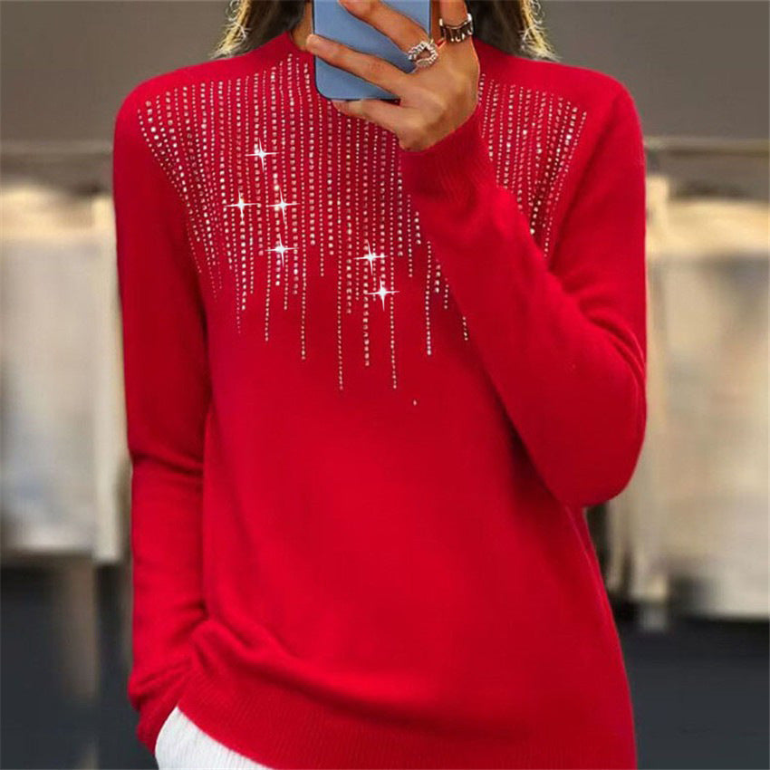 Damen nan kuscheliger Feinstrickpullover mit dezentem Strass-Einsatz am Rundhalsausschnitt und geripptem Saum EB