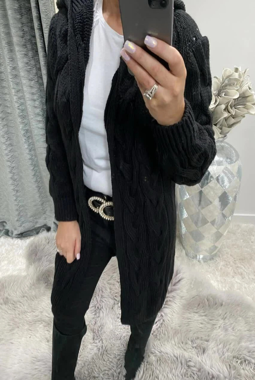 Damen Lange Strickjacke mit hochwertigem Zopfmuster und lässigem Schnitt EB