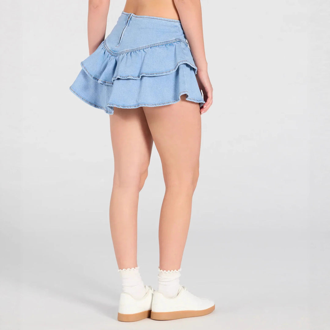 Damen Jeansrock mit voluminösen Rüschendetails und figurschmeichelndem Schnitt EB