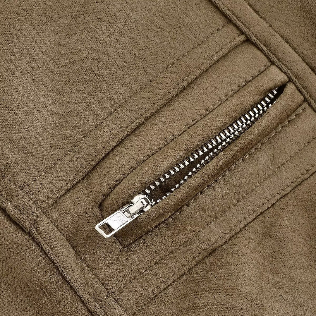 Damen modische Wildlederjacke mit tailliertem Schnitt und praktischen Taschen EB