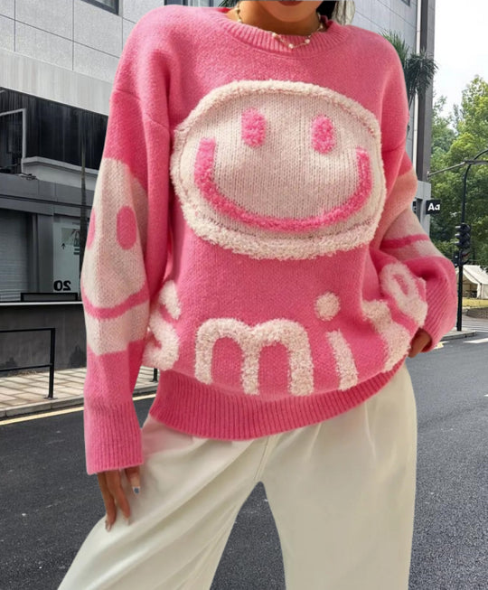 Damen Strickpullover mit fröhlichem Emoji-Motiv und komfortablem Schnitt EB