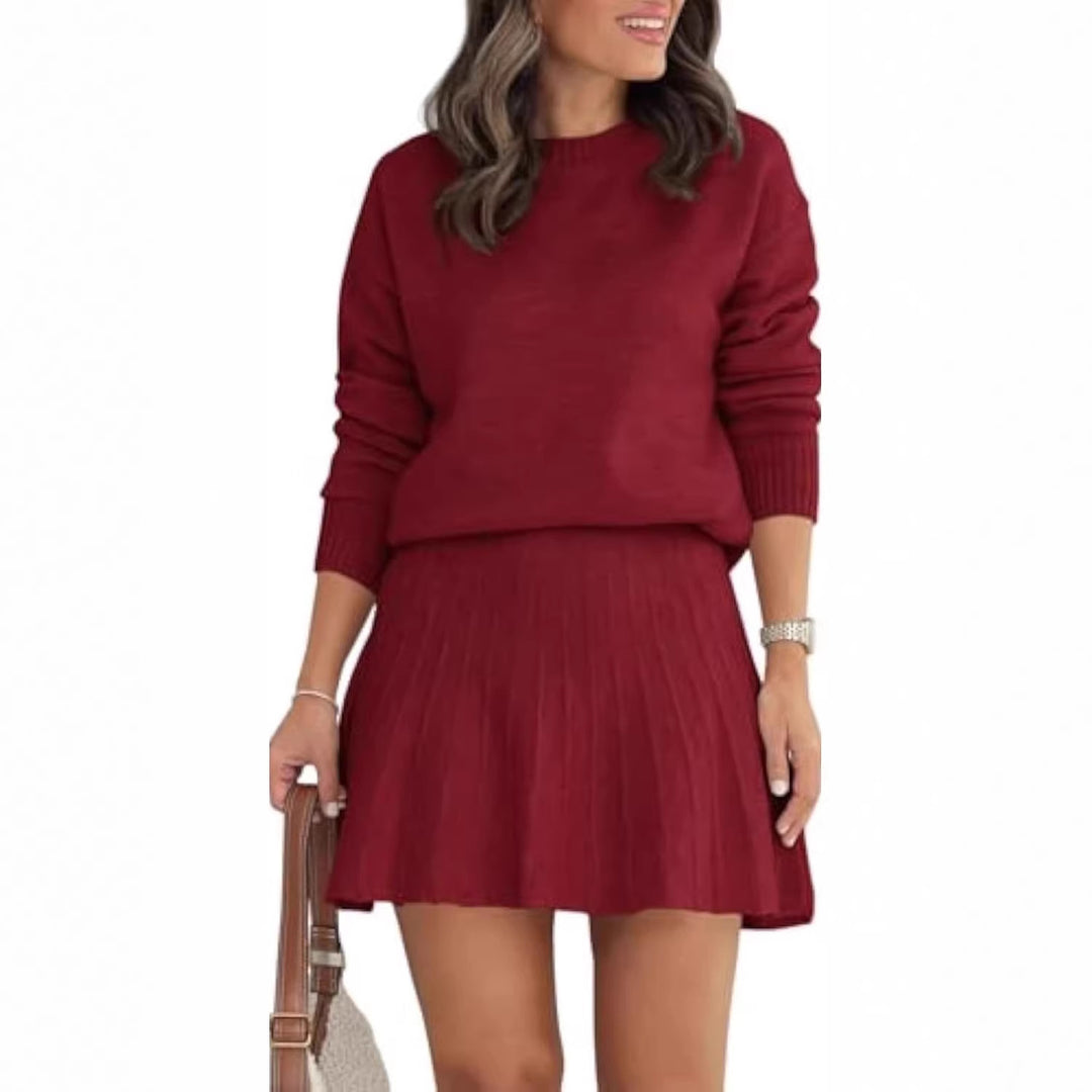 Damen Zweiteiliges Strick-Set mit Rundhals-Pullover und Plissée-Minirock EB
