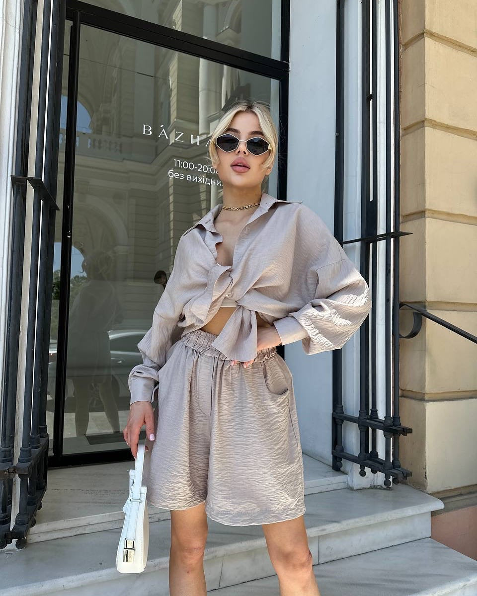 Damen Zweiteiliges texturiertes Loungewear‑Set mit Oversized‑Hemd und elastischer Taillen‑Shorts EB