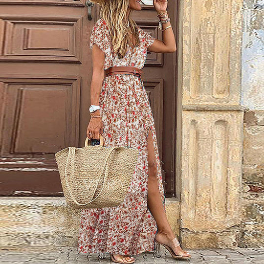 Damen Maxikleid mit floralem Paisleymuster und seitlichem Schlitz EB