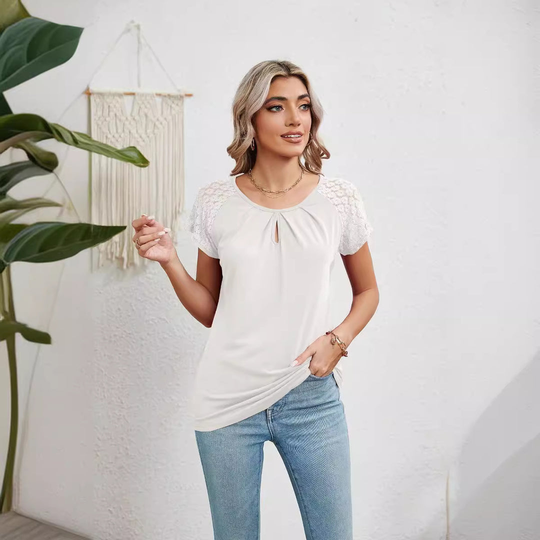Damen Kurzarm-Bluse mit Spitzenärmeln EB
