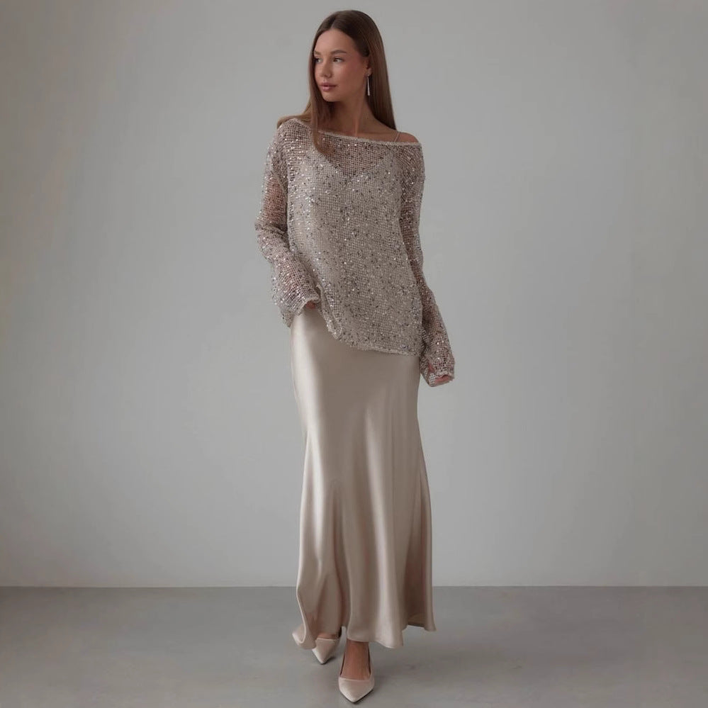 Damen Glitzernde Netzbluse mit asymmetrischem Halsausschnitt und langen Ärmeln EB