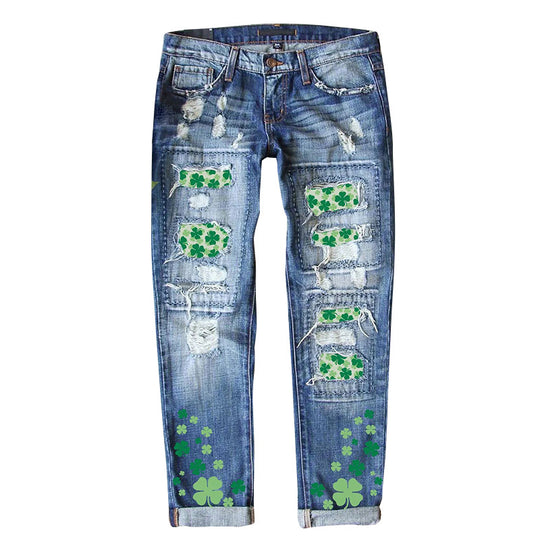 Damen Jeanshose mit fröhlichen Kleeblatt-Prints und modischen Destroyed-Details EB
