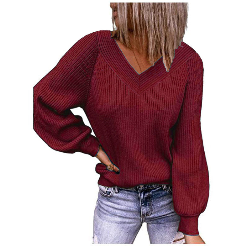 Damen Strickpullover mit V-Ausschnitt und voluminösen Ärmeln EB