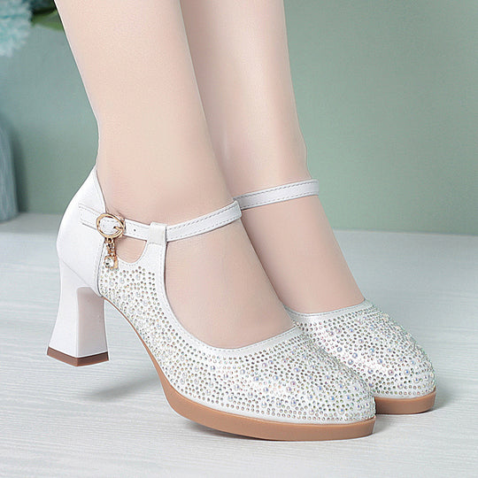 Damen Hochwertige Pumps mit funkelndem Strassbesatz und elegantem Riemen EB