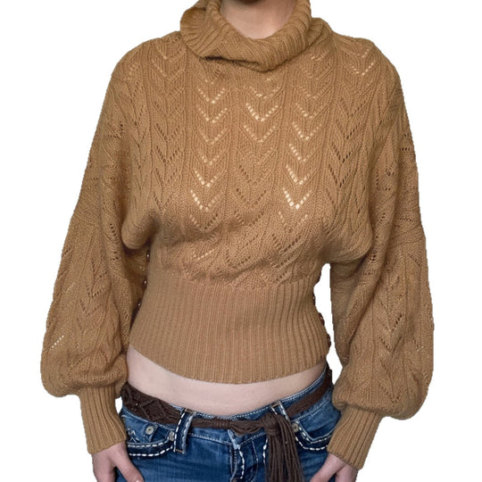 Damen nan kurzes Strick-Turtleneck mit Zierknopfleiste und Ballonärmeln EB