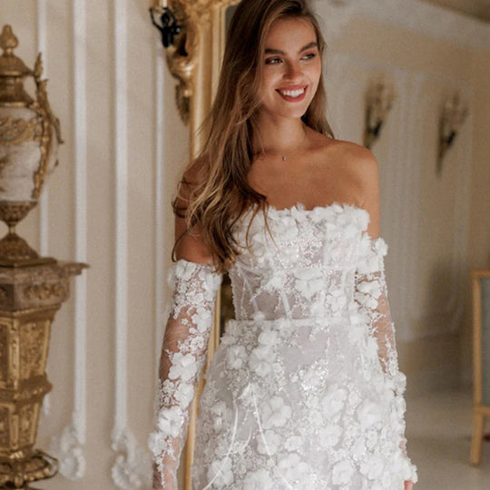 Damen Elegantes Boho-Hochzeitskleid mit floralem Design und langen Ärmeln EB