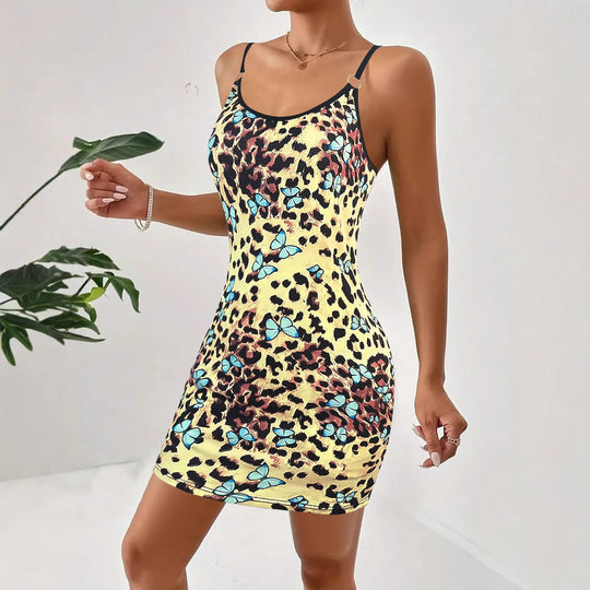 Damen figurbetontes Minikleid mit buntem Tier- und Blumenmuster EB