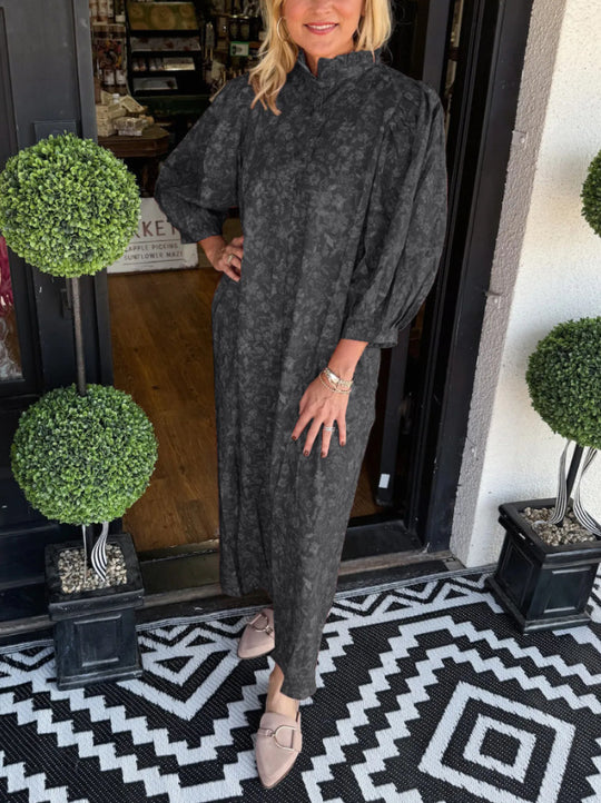Damen Elegantes Maxikleid mit Stehkragen und weiten Ärmeln EB